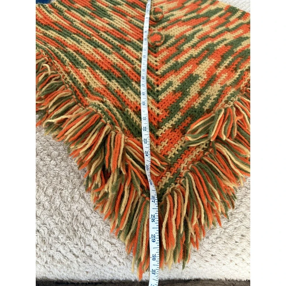 Vintage Crochet Granny Poncho Multicolor Fringe Boho Handmade Cape Wrap rainbow
